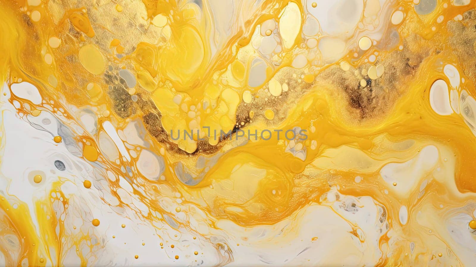 Abstract artistic background with yellow marble and golden paint stains. Generated AI