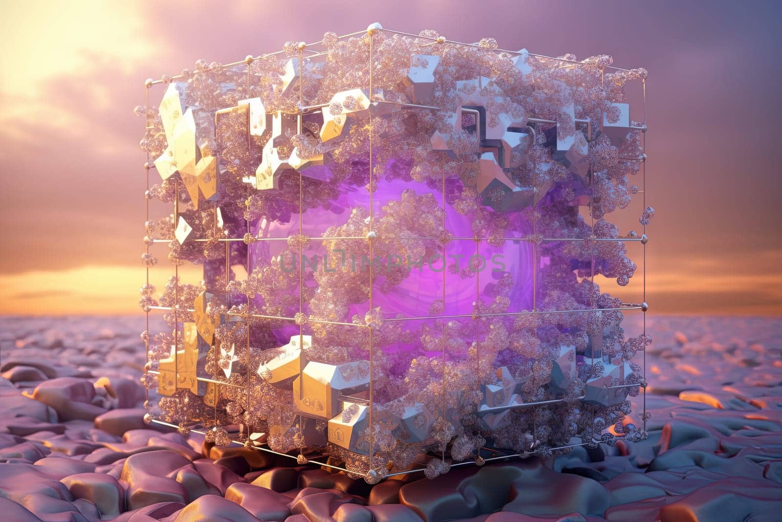 Ethereal geometric sculpture with a cube shape. Shiny crystal cube structure with vibrant colors in vaporwave and y2k style. Generated AI