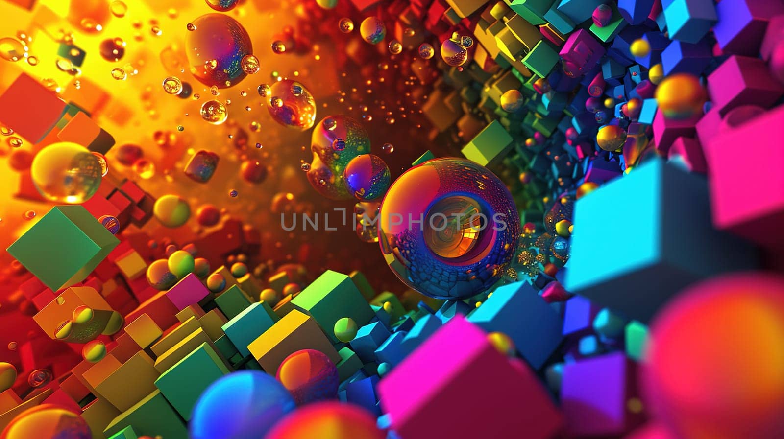 Abstract background with colorful 3D shapes scattered in geometric composition. Generated AI.