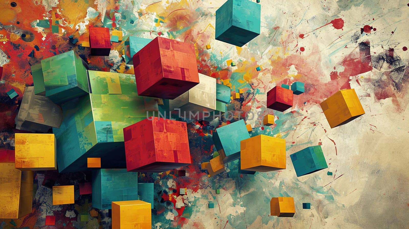 Colorful abstract composition of floating cubes and splashes of paint. Generated AI.