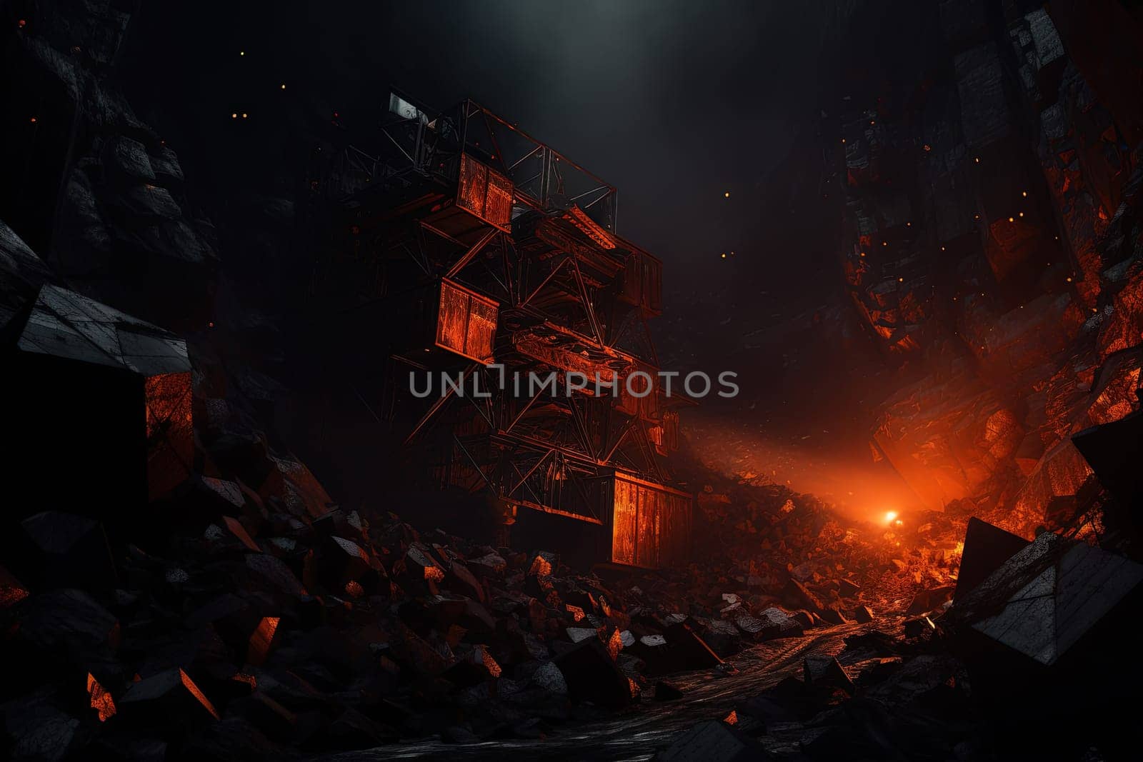 Hot underground mine with machinery for resource extraction. Industrial background with coal mine. Generated AI