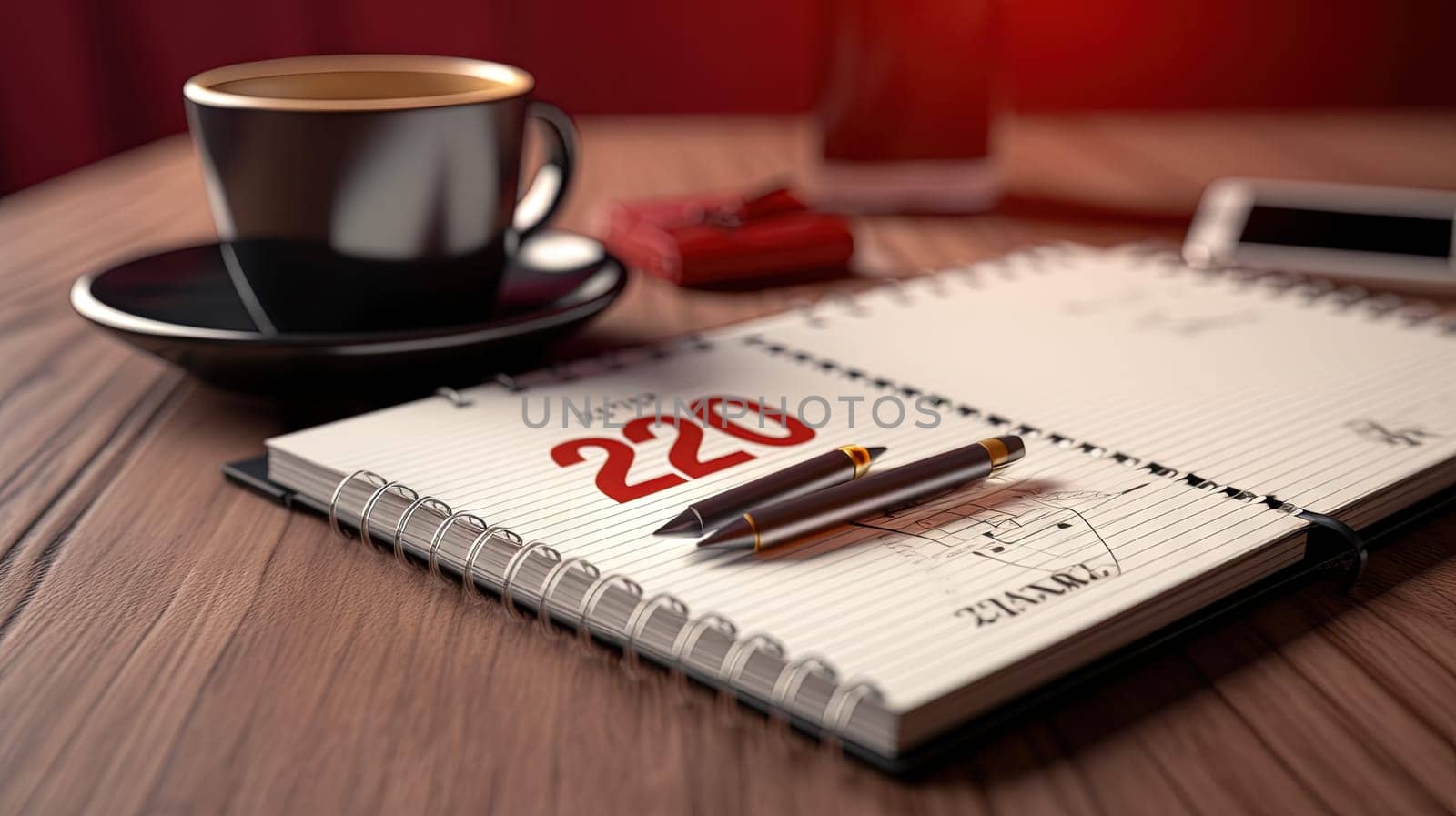 Cup of coffee and notepad with pen composition, top view. Generated AI