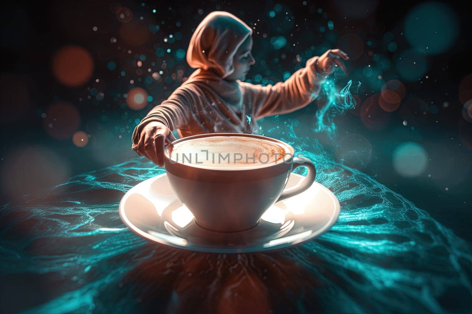 Woman meditating with cup of coffee in clouds of arome bringing her to astral space. Generated AI