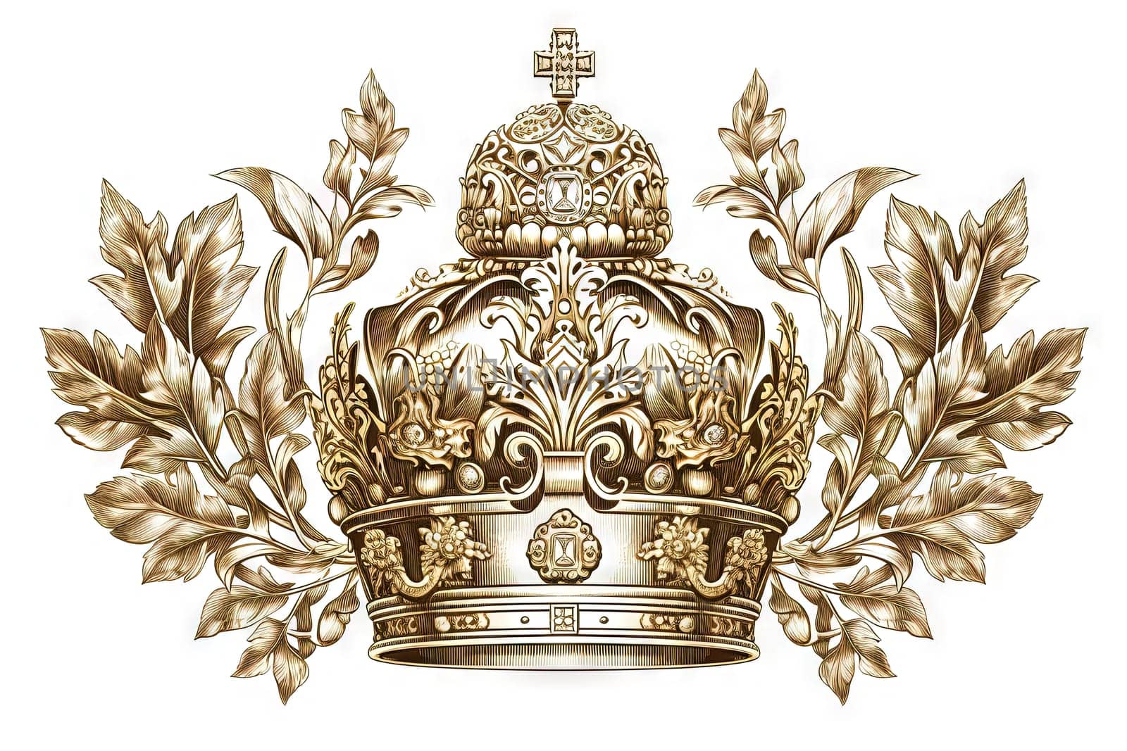 Heraldic crown element, isolated sign with retro royal ornament. Generated AI.