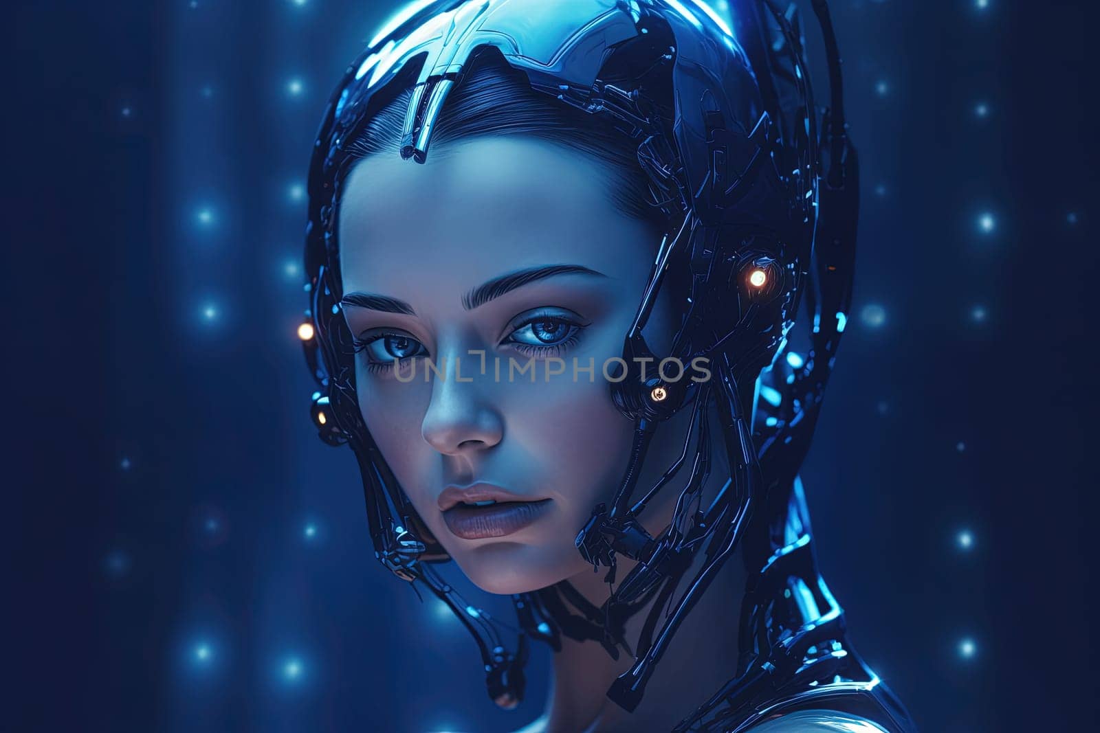 Cyborg or digitally improved human. Artificial intelligence and technology concept with advanced woman. Generated AI