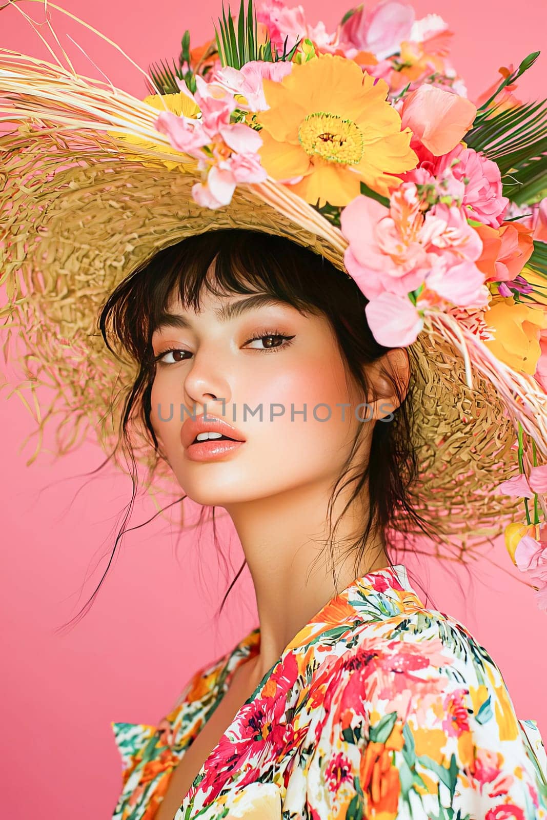 A woman with dark hair in a straw hat with flowers on a pink background. The atmosphere of spring bloom.