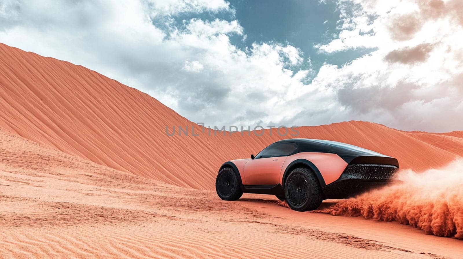 Modern suv car is kicking up sand as it speeds through a vast desert landscape. The bright sun and blue skies create a sense of adventure and excitement