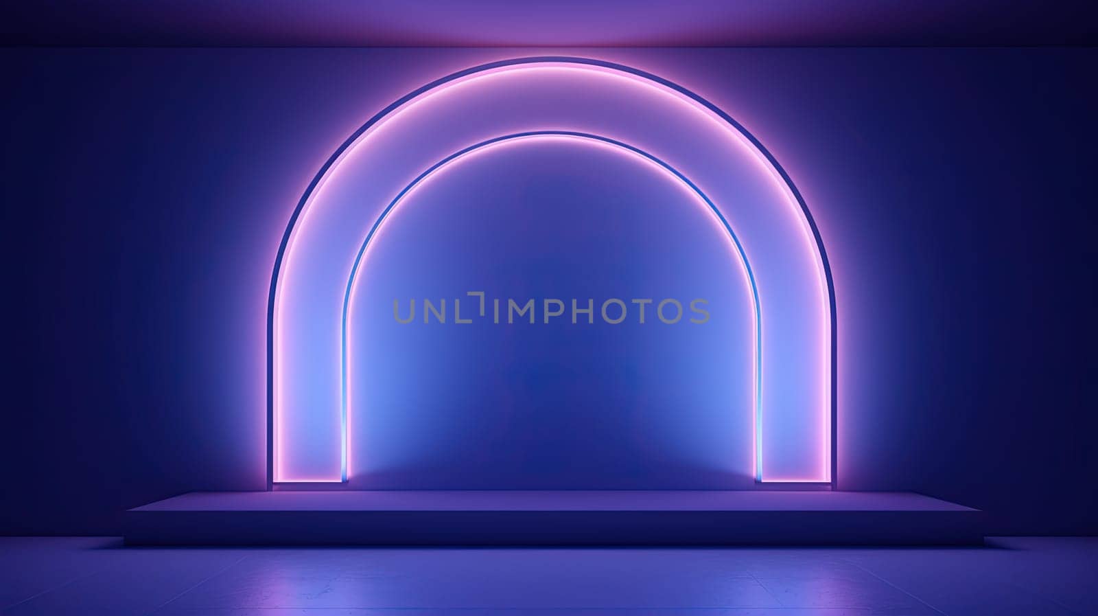 Neon arc in blue and purple lights room. Abstract background for product display. Generated AI