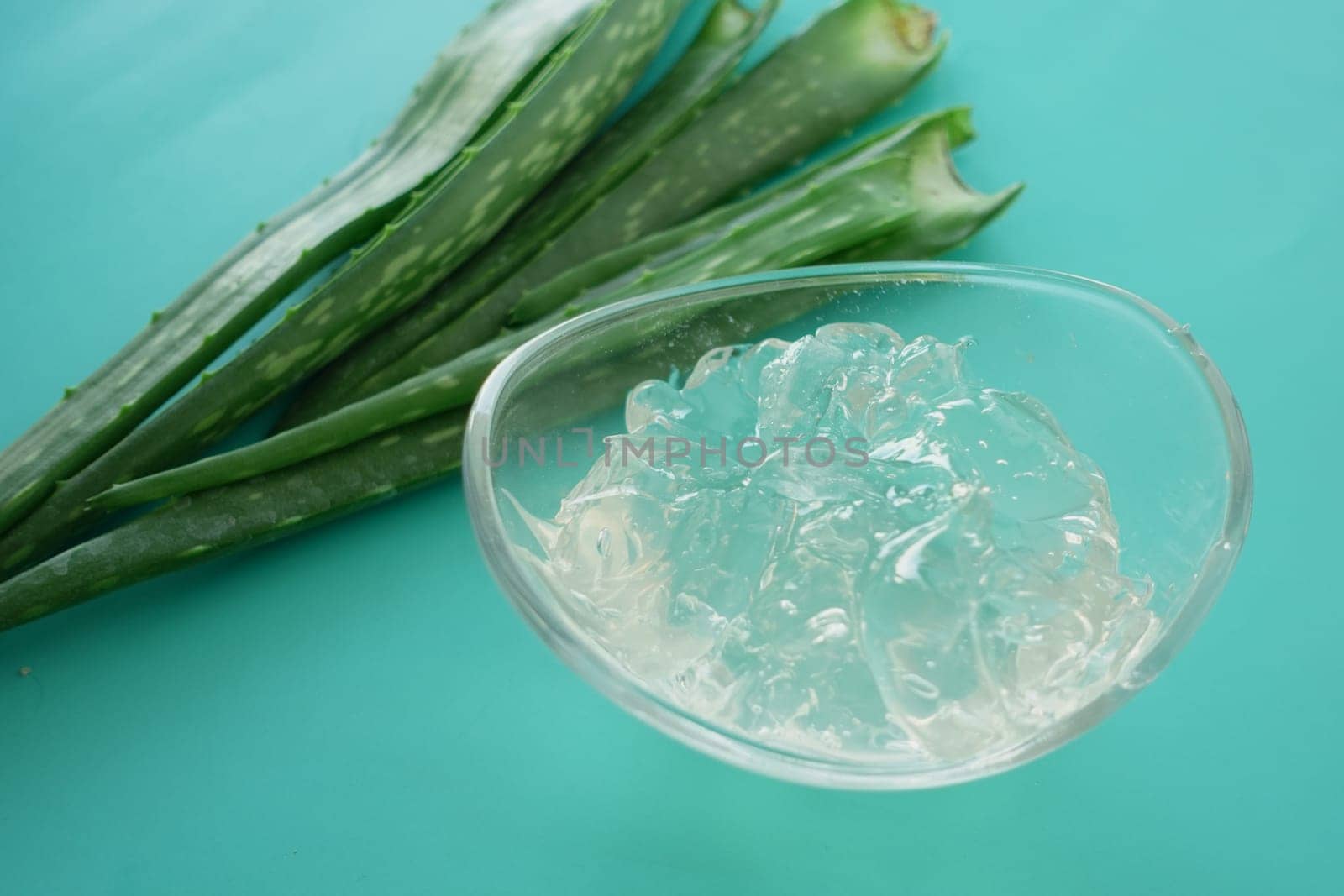 Clear aloe vera gel is placed beside fresh aloe leaves on a bright surface.