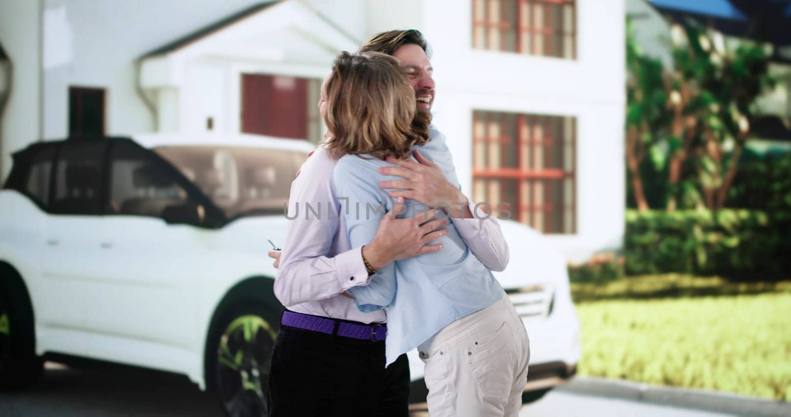 Excited newlyweds purchasing red car from diverse dealership salesman outdoors.