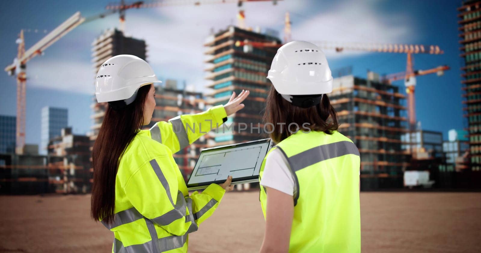 Female Construction Engineer Inspecting Site with Tablet and Clipboard, Worker, OSHA
