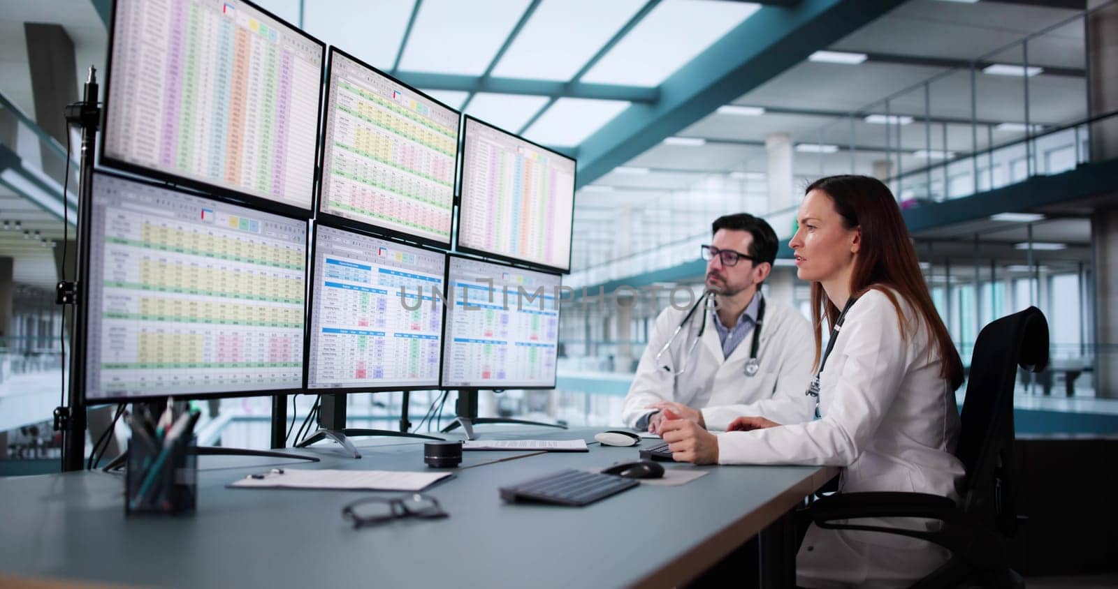 Medical Professional Managing Billing Codes Via Computer at Hospital Desk.