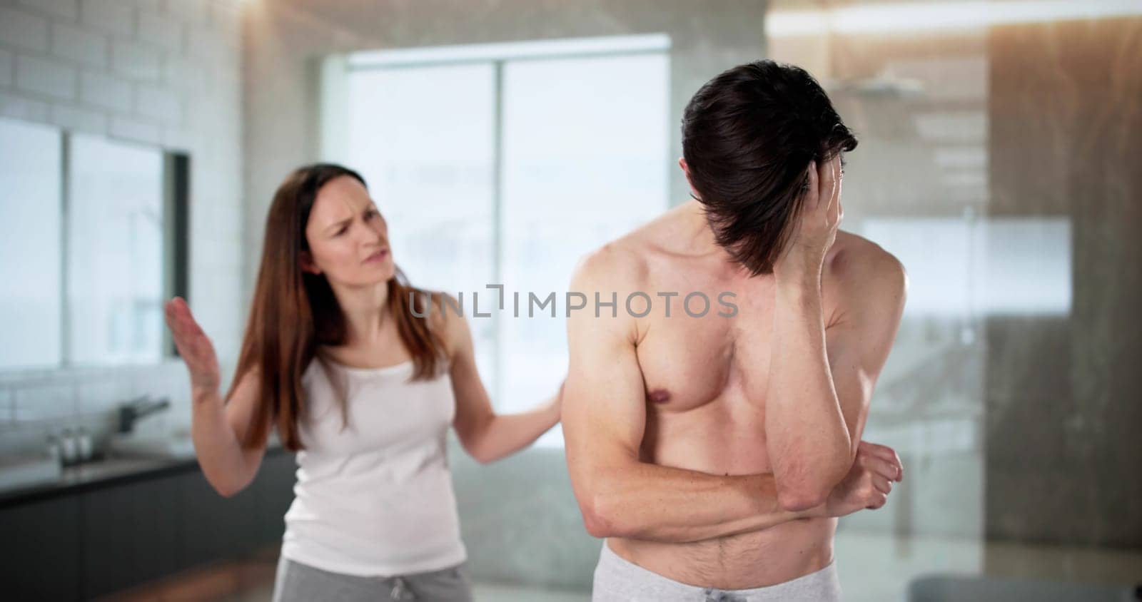 The Worried Couple In The Bathroom Discussing Painful Relationship Problems
