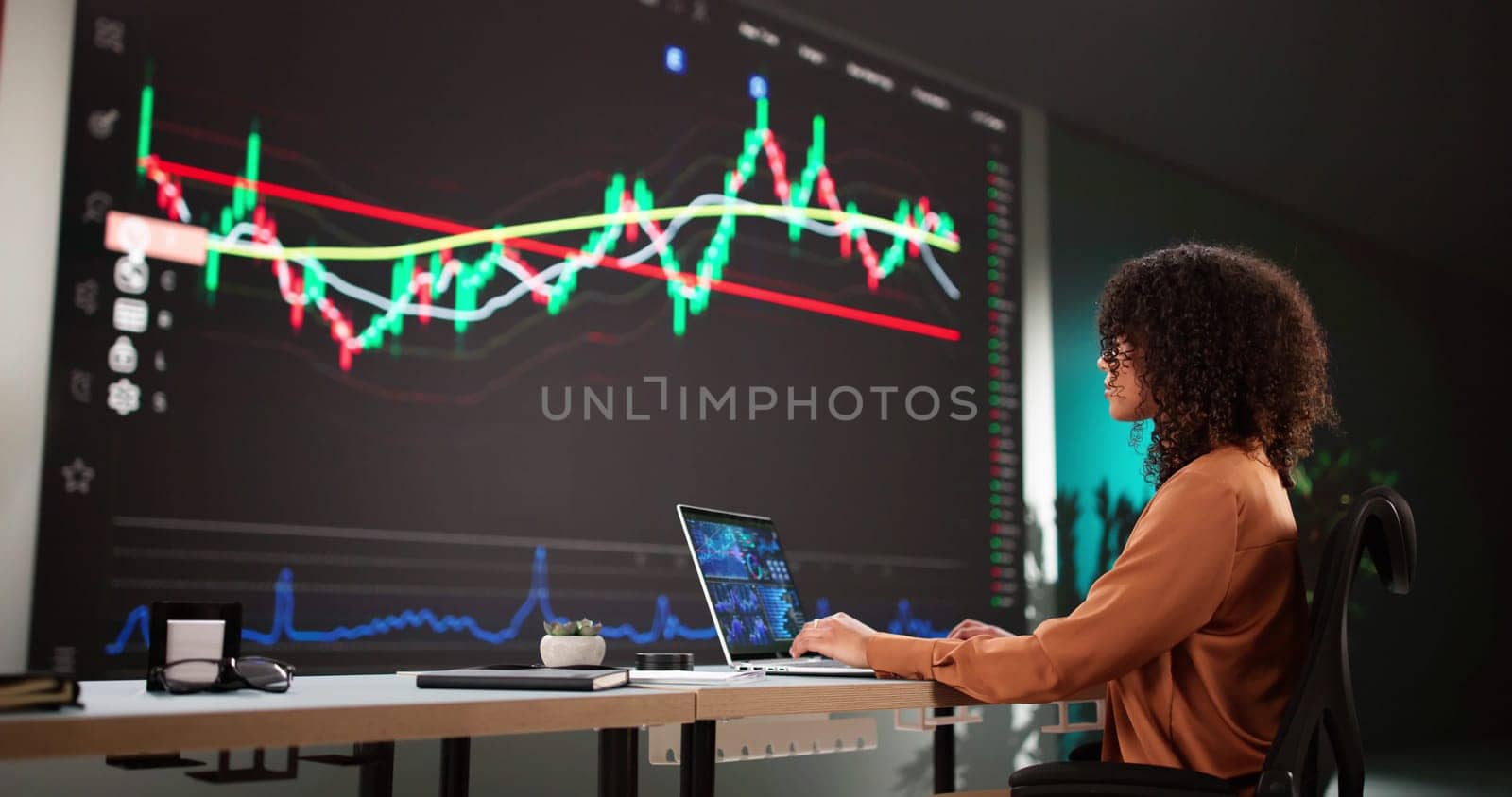 Female Stock Analyst Analyzing Data on Computer Screens in Office