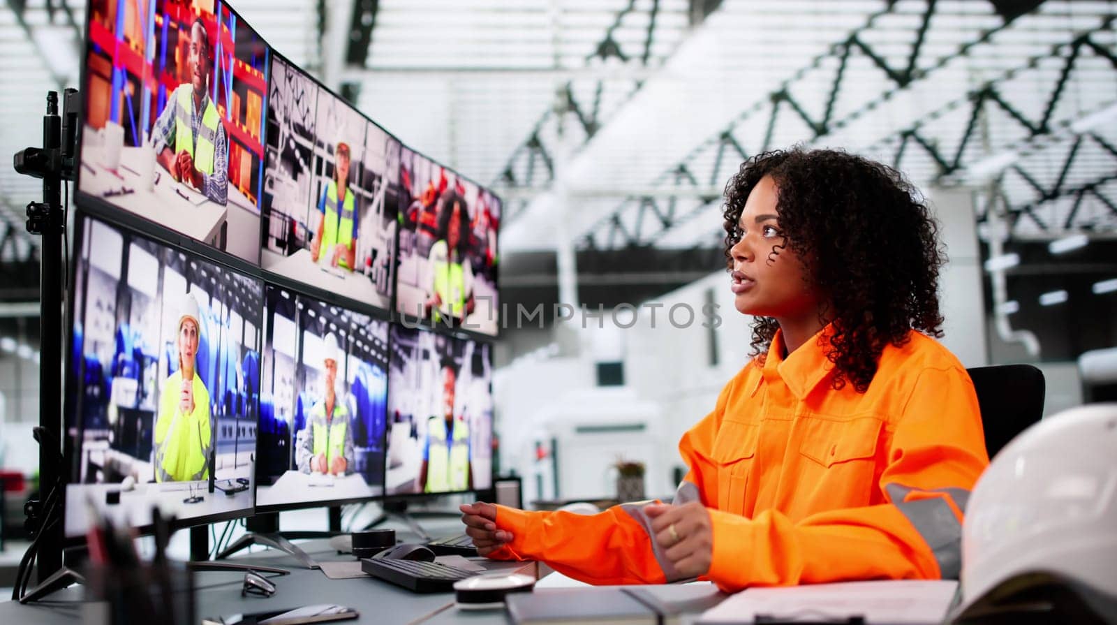 Video Call On Multiple PC Desktop Computers At Manufacturing Plant