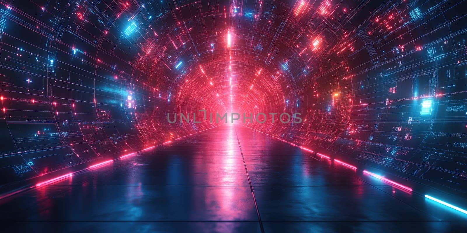 A glowing tunnel filled with bright red and blue lights stretches into the distance, creating a captivating futuristic environment with a smooth reflective floor.