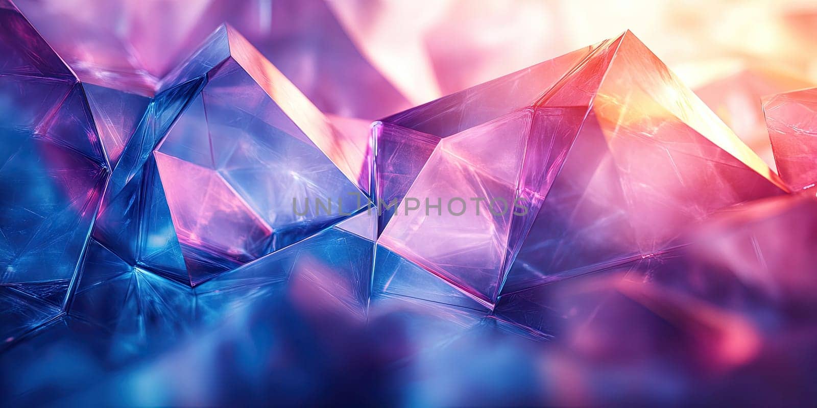 A collection of geometric crystal shapes showcases a blend of purple and blue hues. The light reflects off their surfaces, creating a mesmerizing visual effect.