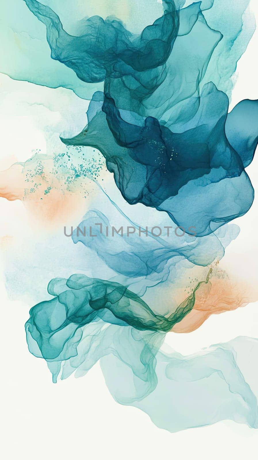 Colors blend seamlessly to create flowing waves of blue and green, intertwined with gentle orange hues. The artwork evokes tranquility and fluidity, perfect for modern decor.