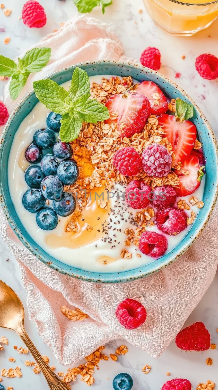 A vibrant bowl filled with yogurt topped with fresh blueberries, strawberries, raspberries, and granola sits on a light cloth. The setting features a cozy, bright atmosphere.
