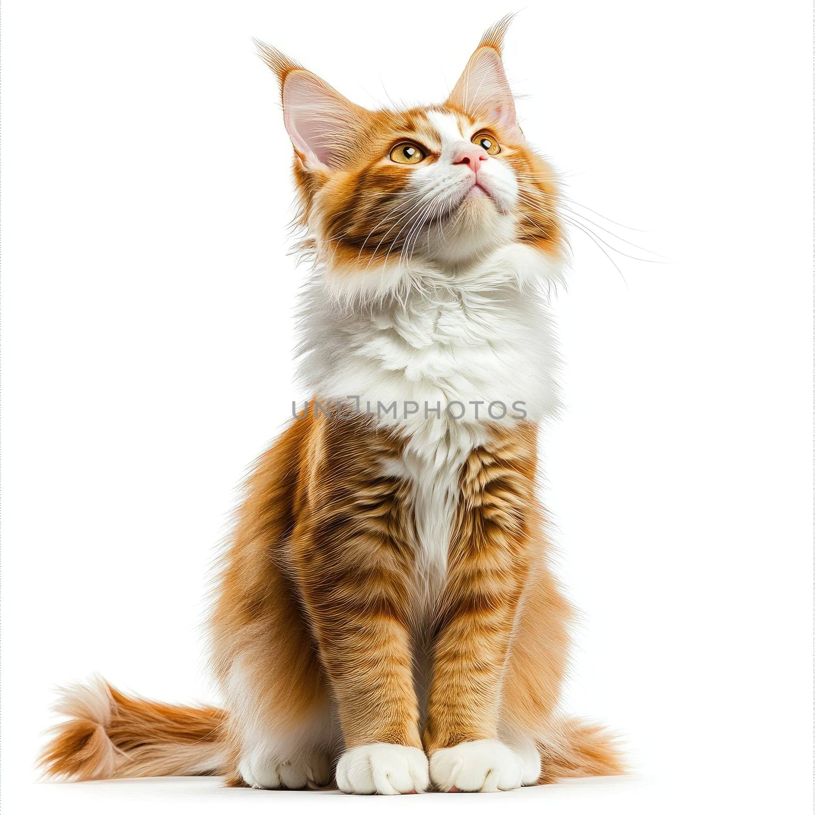A beautiful orange and white Maine Coon cat sits upright, gazing upward with curiosity. Its fluffy coat and alert expression showcase the breed's charm and elegance.