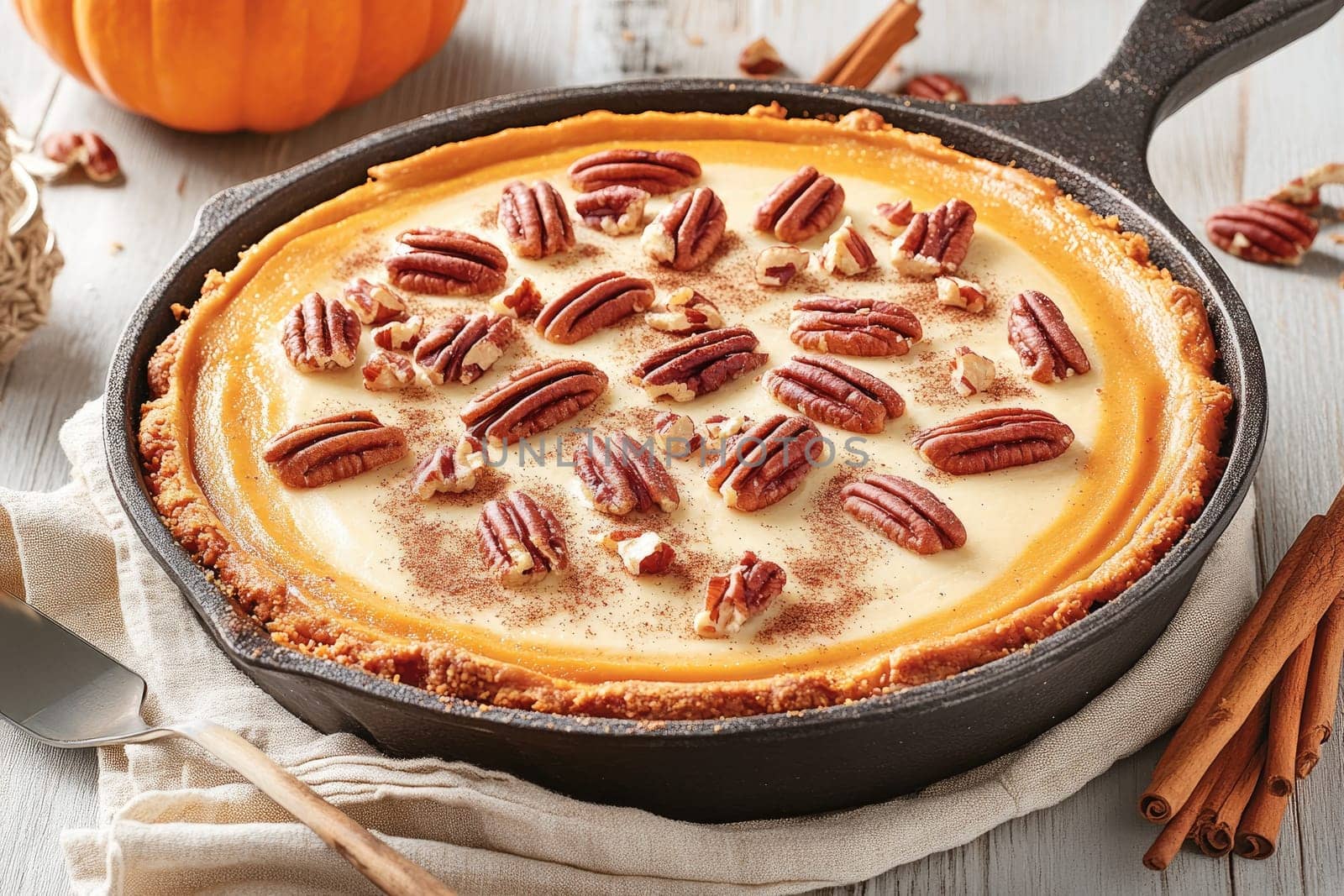 A pecan pie is freshly baked in a cast iron skillet, showcasing a golden crust topped with pecans and spices. Surrounding elements hint at a cozy autumn setting.