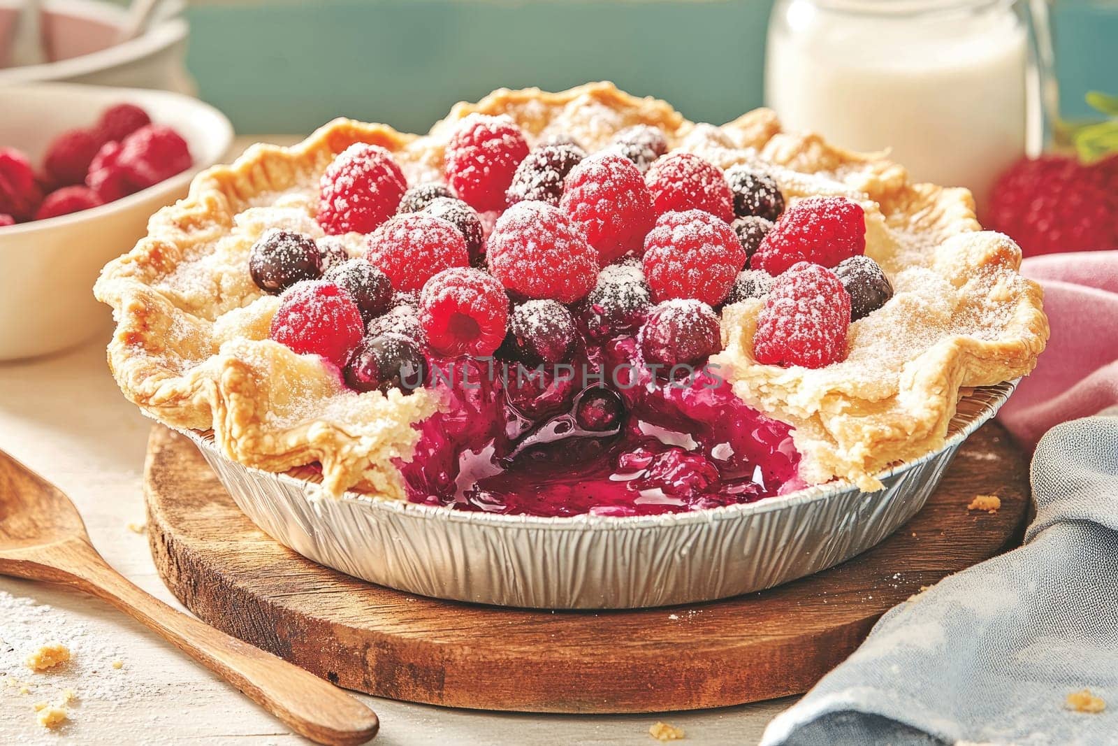 A delicious berry pie sits on a wooden cutting board, topped with fresh raspberries and powdered sugar. Nearby, bowls of berries and a bottle of milk add to the inviting scene.