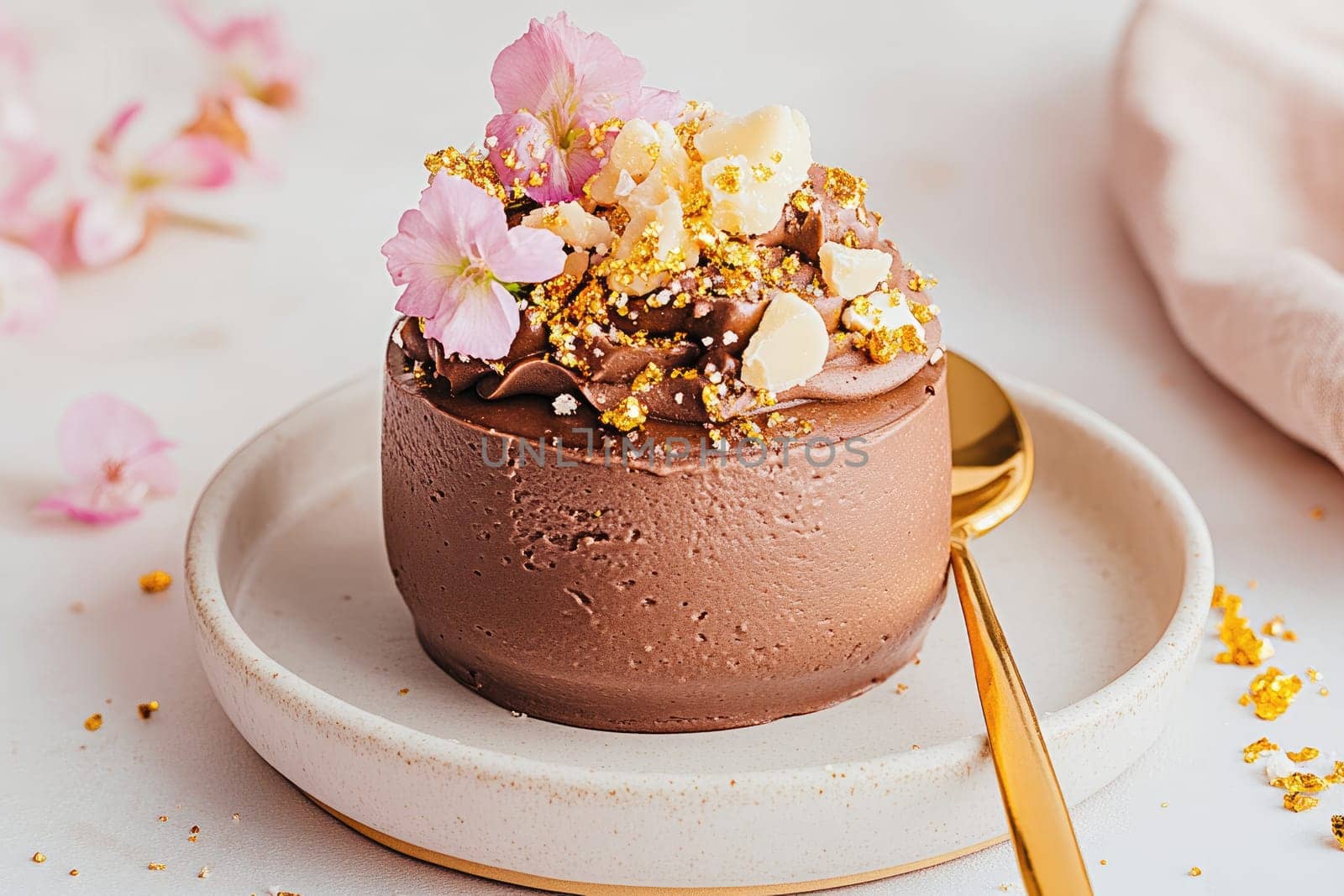 Indulging in a rich chocolate dessert adorned with vibrant edible flowers and golden sprinkles, presented on a simple plate with a gold spoon nearby.
