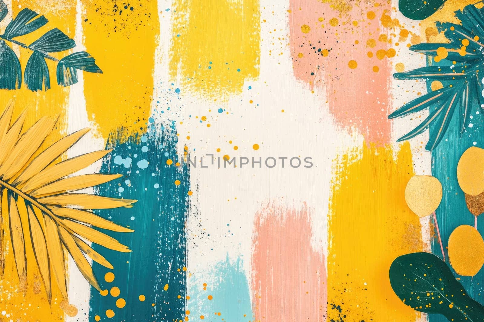 This artwork features bright brush strokes in yellow, teal, and pink, complemented by tropical leaves. The lively colors create an uplifting and energetic atmosphere, perfect for any creative space.