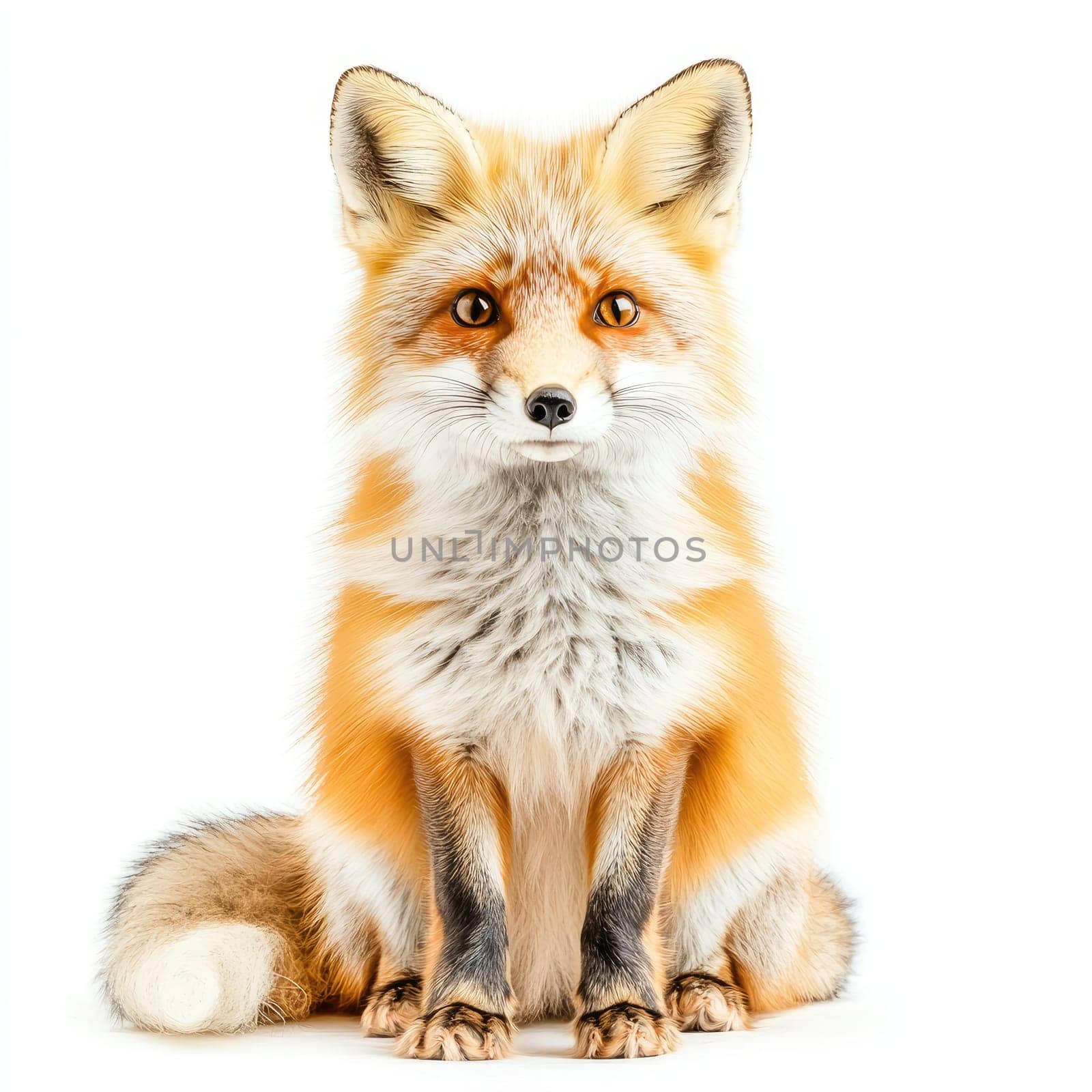 A beautiful orange and white fox is positioned upright with its striking eyes looking directly forward, highlighting its bushy tail and detailed fur against a plain white background.