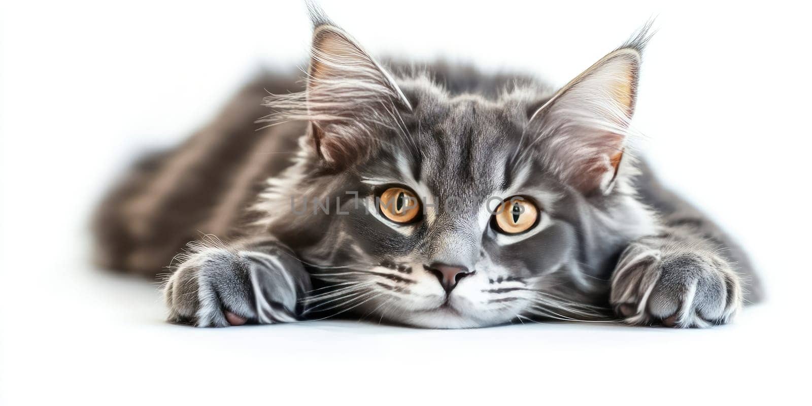 A Maine Coon cat rests gently on a smooth surface, its striking golden eyes reflect curiosity. The fur is fluffy and grey, showcasing the breed's distinct features.