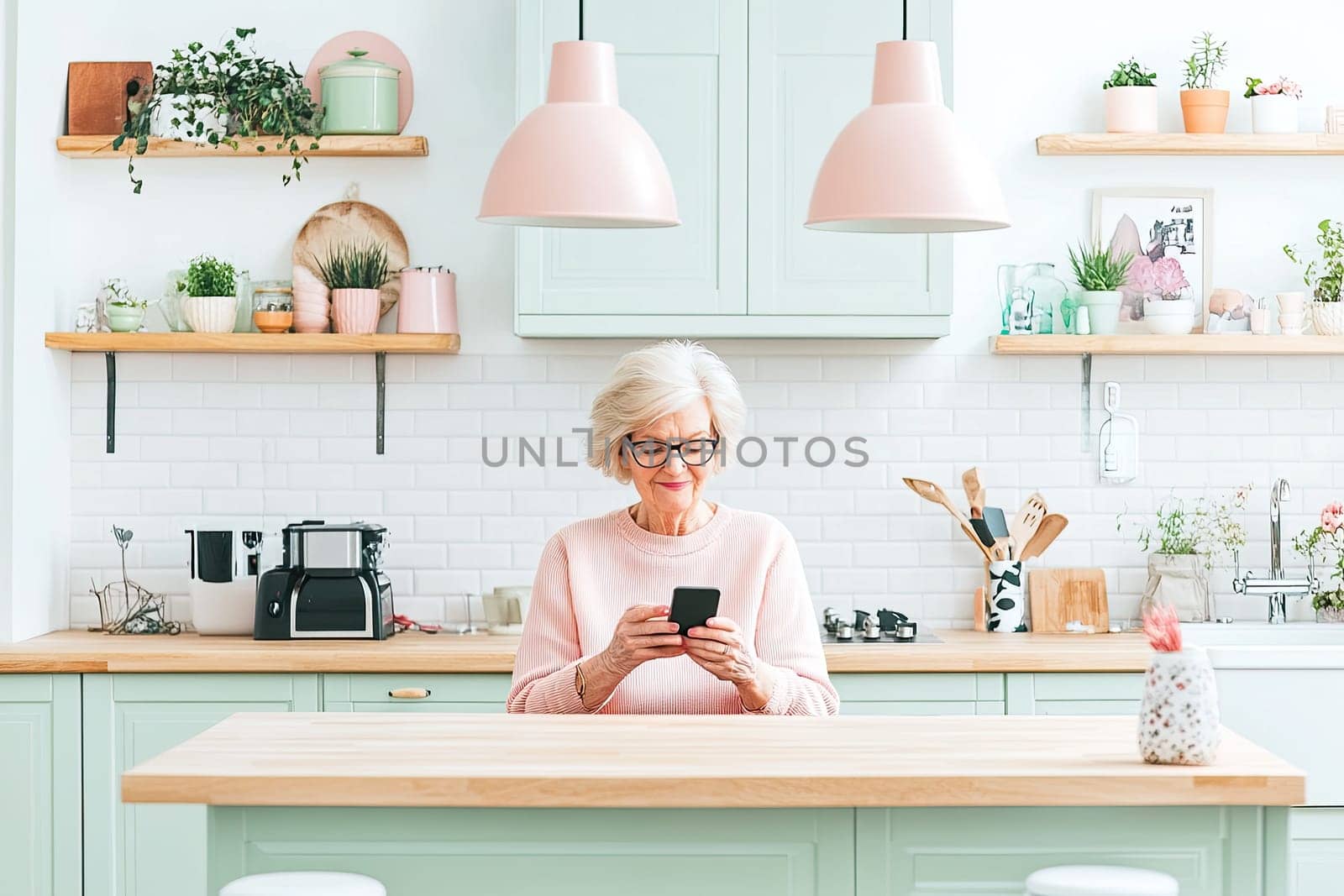 A joyful senior woman sits at a wooden kitchen island, engaged with her smartphone. The pastel-colored kitchen features stylish decor and plants, creating a cozy atmosphere.