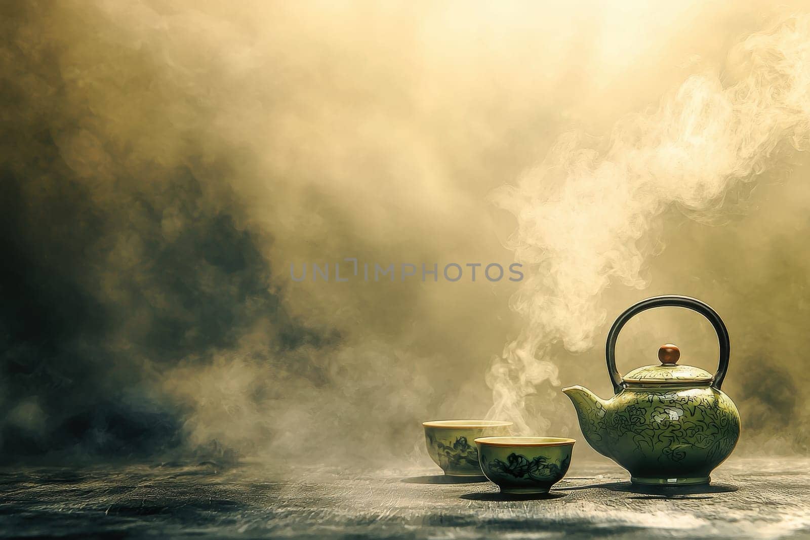 A traditional tea kettle sits beside two cups, surrounded by soft steam. The warm light enhances the tranquil atmosphere, creating a sense of calm and comfort, ideal for tea enjoyment.