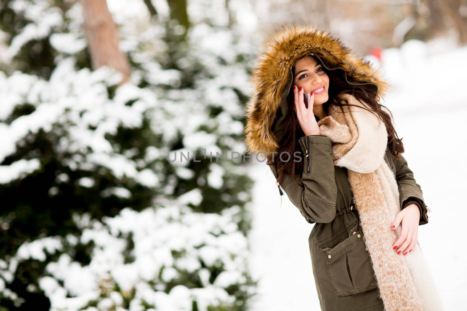 Young woman using a phone in the winter park