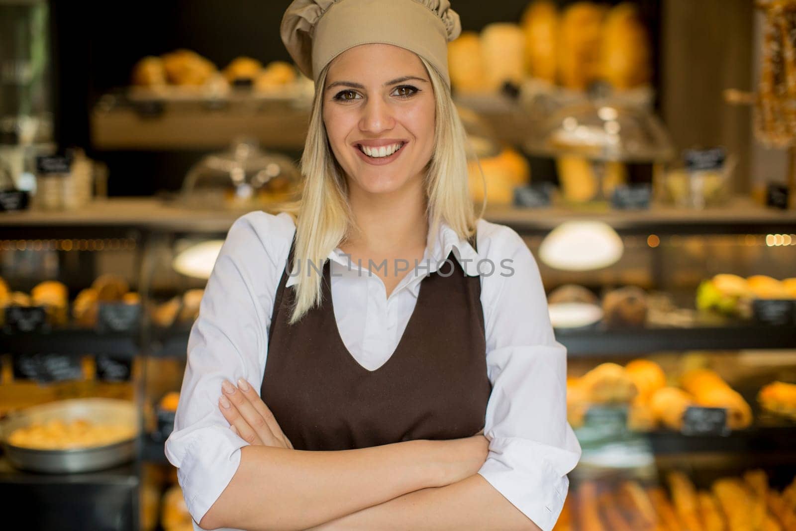 Portrait of friendly female baker with fresh bread smiling in bakery