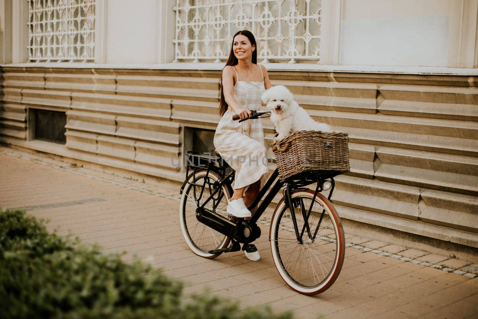 Pretty young woman with white bichon frise dog in the basket of electric bike