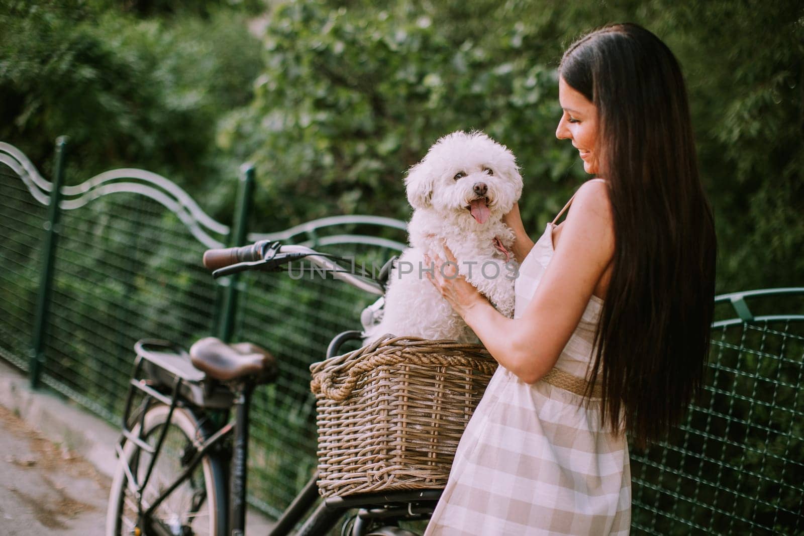 Pretty young woman with white bichon frise dog in the basket of electric bike