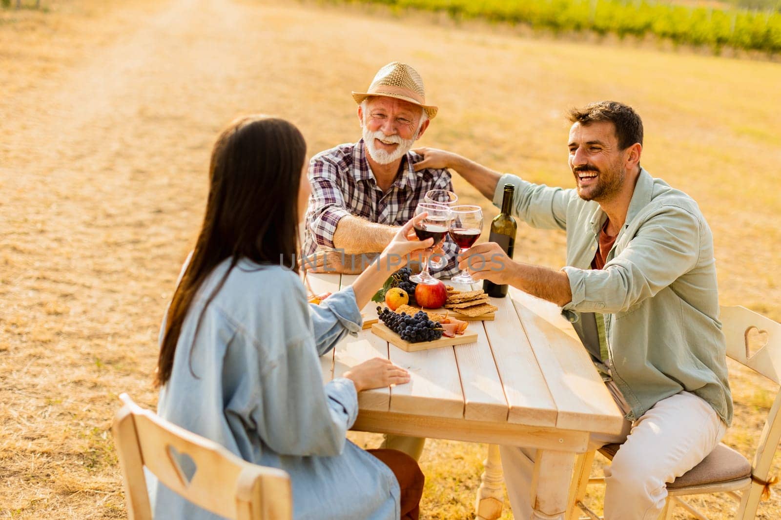 Amidst rows of lush vines, three friends enjoy a delightful afternoon, savoring wine and conversation, surrounded by the beauty of nature’s harvest