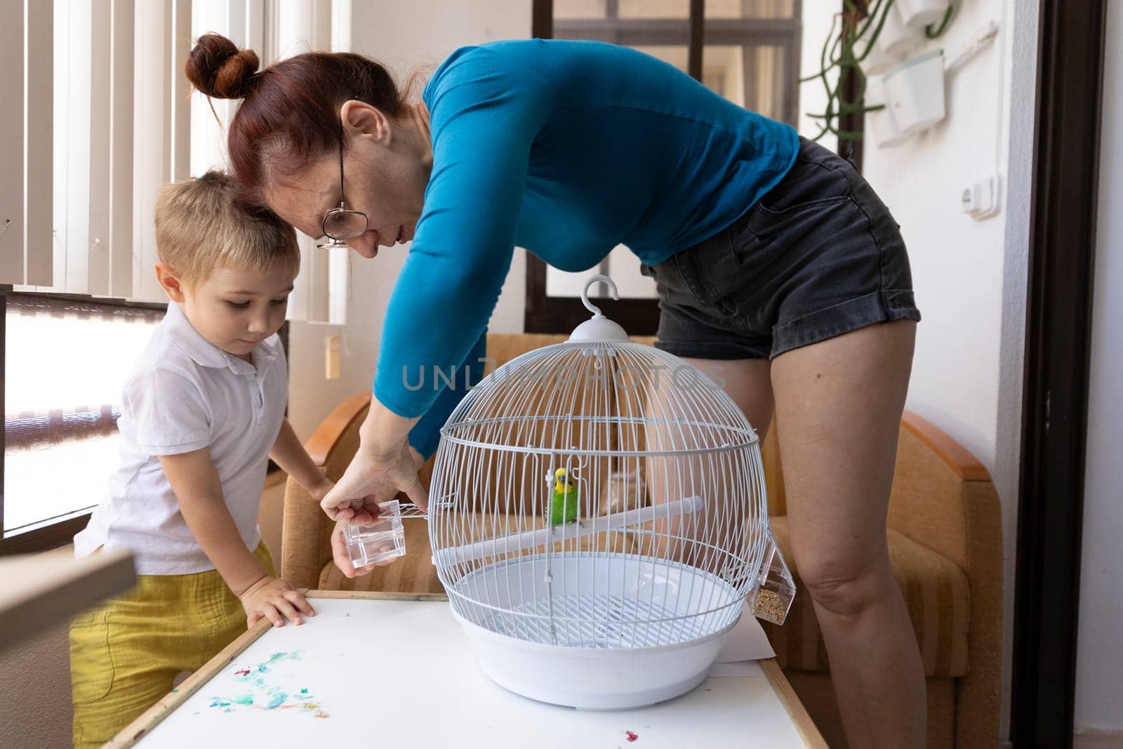 Mother and son taking care of their pet parakeet, changing its water in a white cage