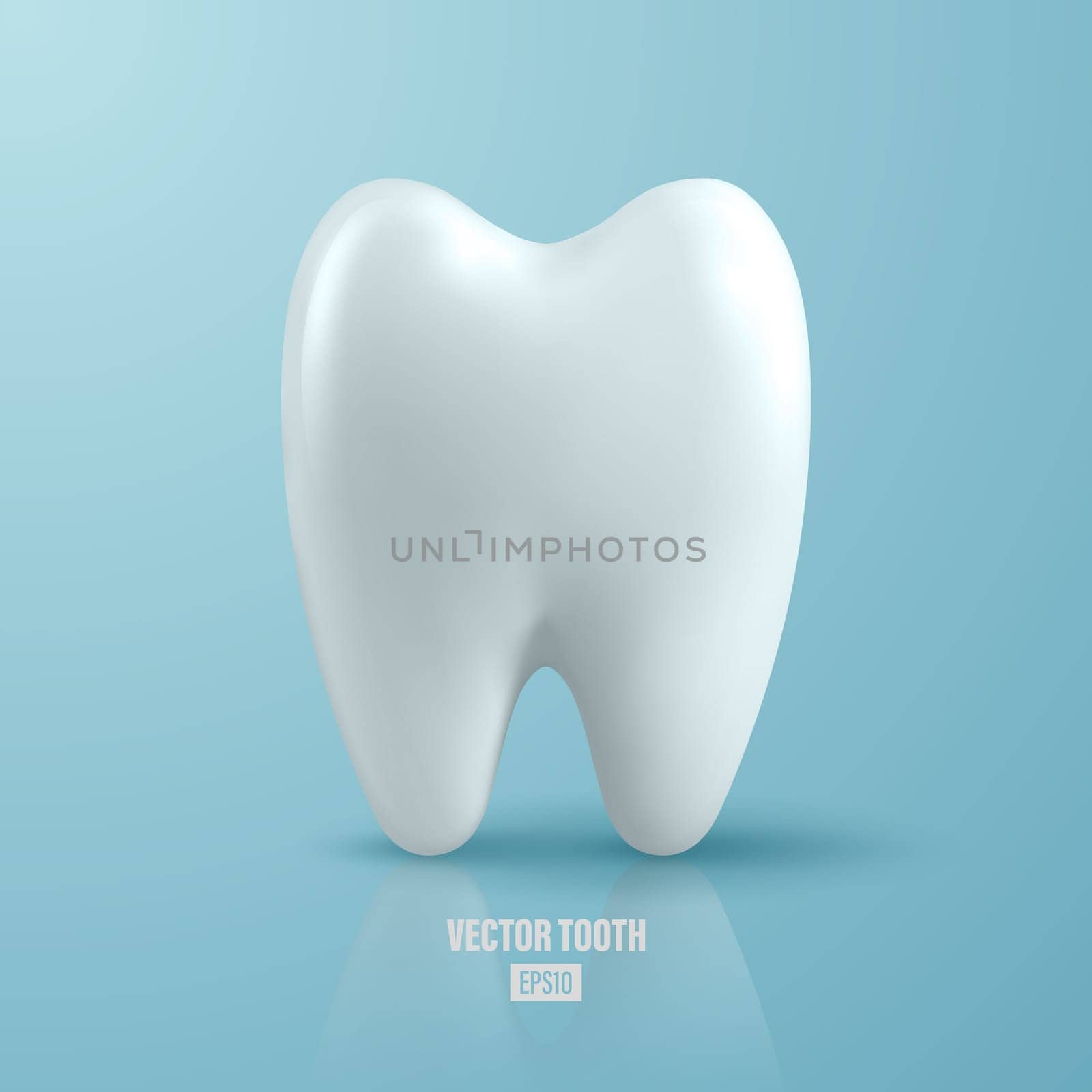 Vector 3d Realistic Tooth. Dental Inspection Banner, Plackard. Tooth Icon Closeup on Blue Background. Medical, Dentist Design Template. Dental Health Concept.