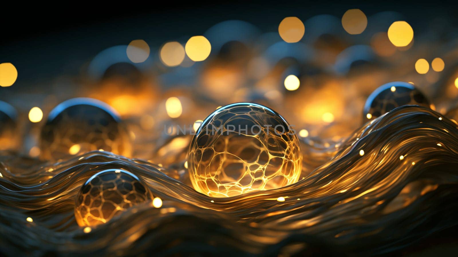 Spheres emit a warm glow as they float on a dark, textured surface, surrounded by shimmering light waves that evoke a tranquil atmosphere - Abstract background - Generative AI.