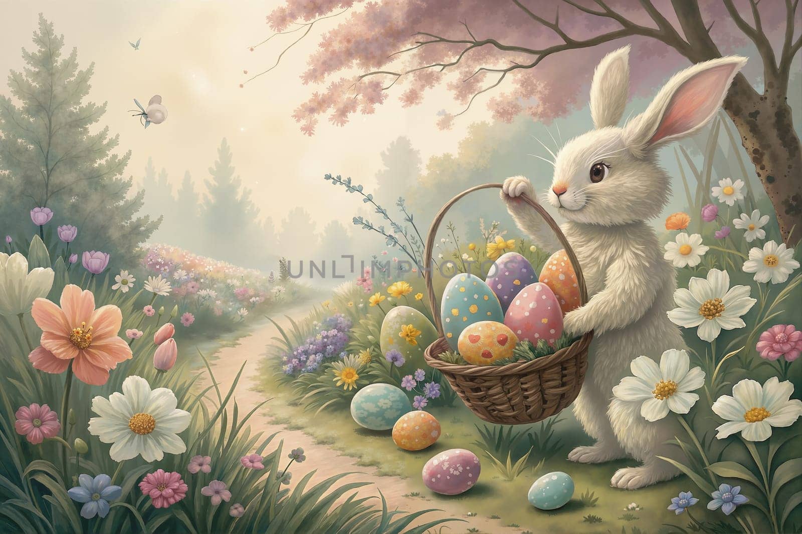 A cheerful bunny gathers vibrant Easter eggs in a lush garden during springtime, surrounded by blooming flowers and soft sunlight. Generative AI.
