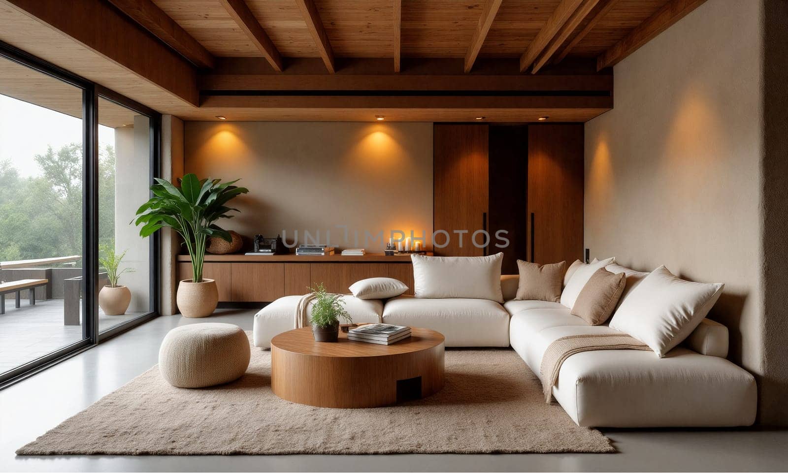 This stylish living room features a spacious layout with soft furnishings, wooden accents, and abundant natural light, creating a tranquil atmosphere - Generative AI