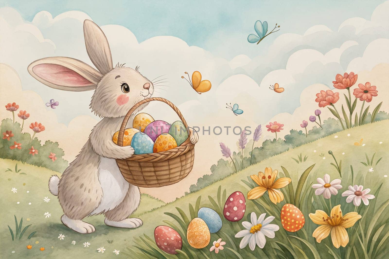 A cheerful bunny gathers vibrant eggs in a sunny spring landscape filled with flowers and butterflies. Vintige Easter card illustration - Generative AI.