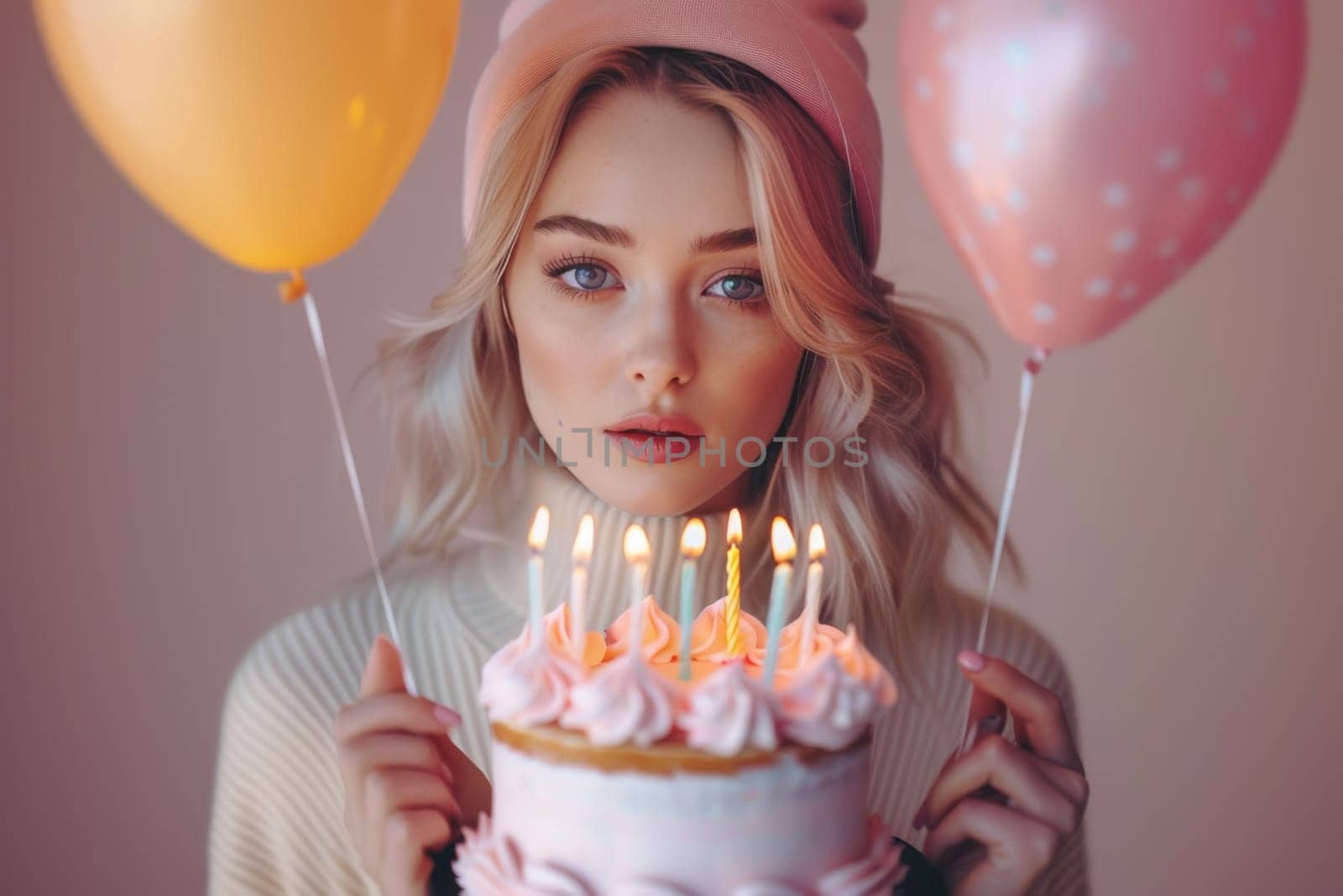 A woman holds a candlelit birthday cake, surrounded by balloons, conveying a wishful atmosphere.