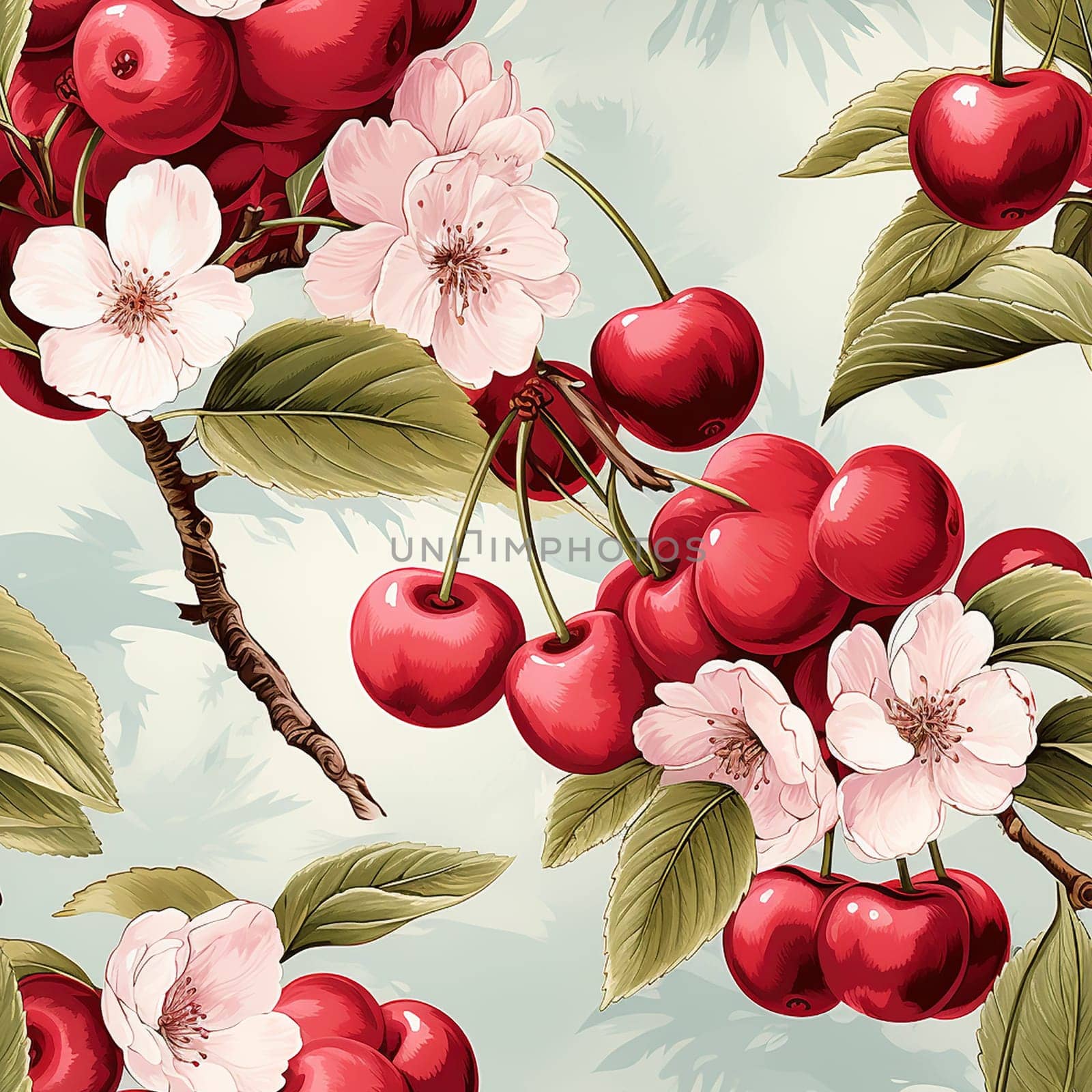 Cherry tree seamless pattern tile, created with generative AI