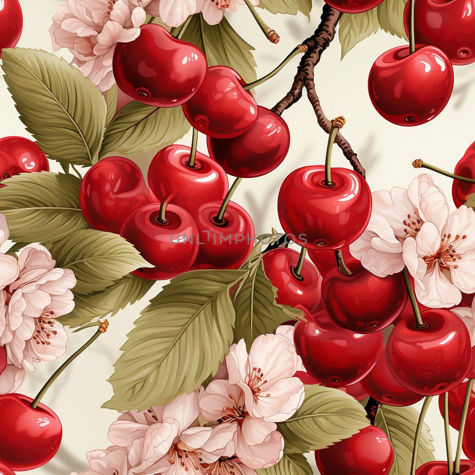 Cherry tree seamless pattern tile, created with generative AI
