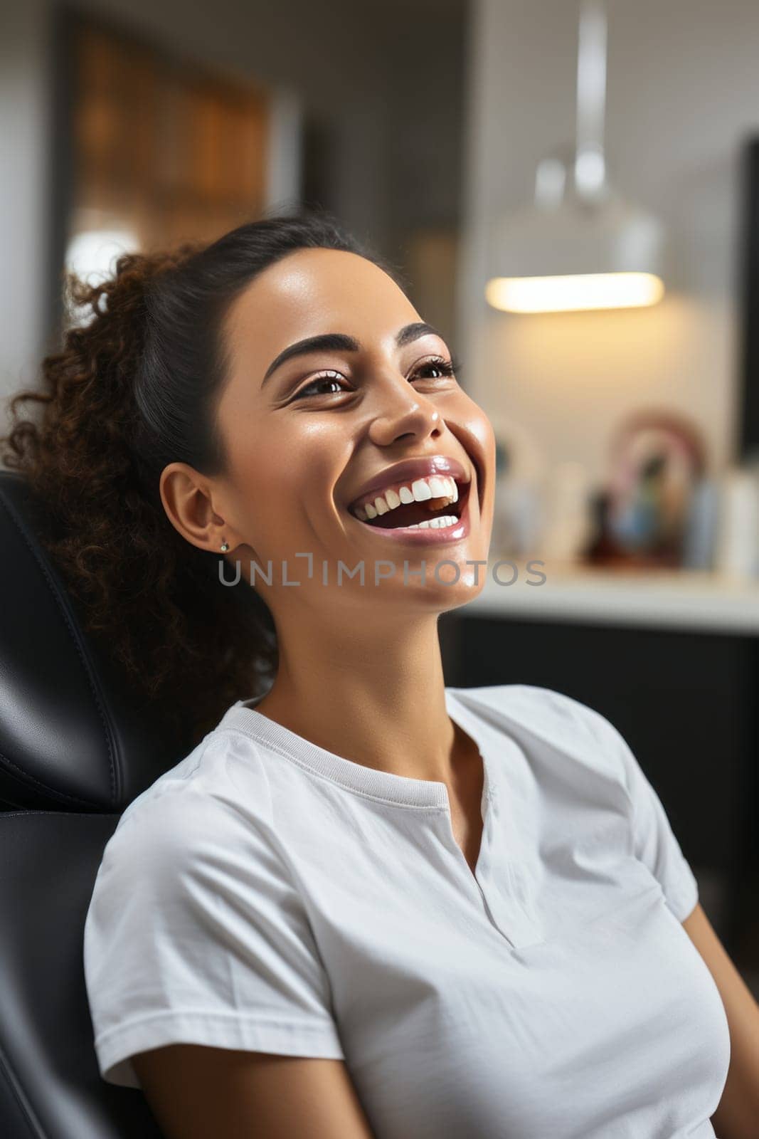 Young joyful African American woman sittingat the dentist office, created with generative AI