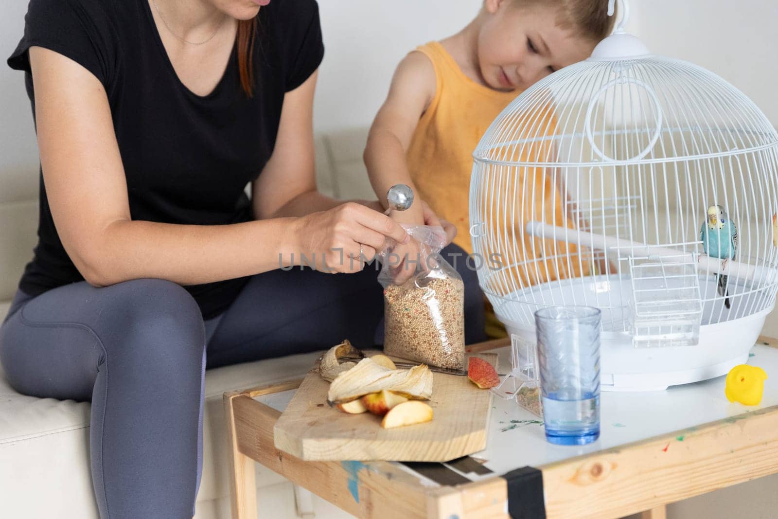 Mother and son are scooping birdseed from a bag, preparing a meal for their pet budgie in its cage