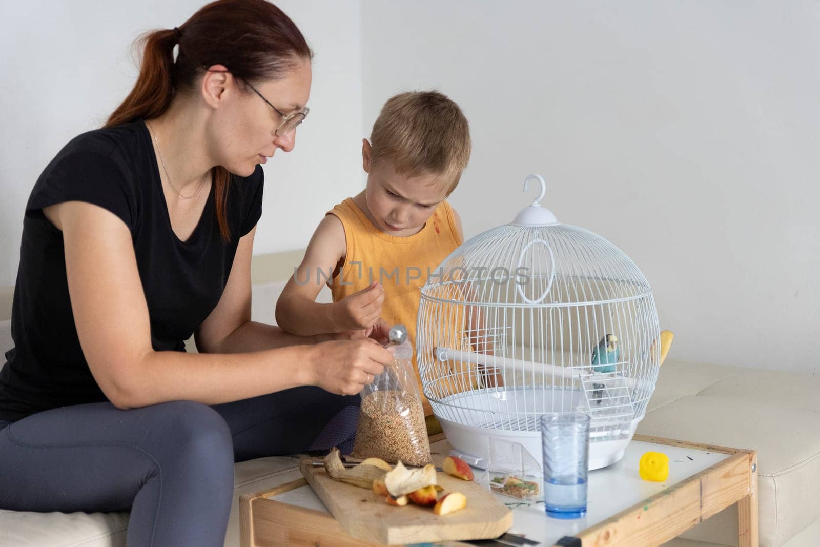 Mother and son preparing food for their pet budgie bird, promoting responsible pet ownership and family bonding