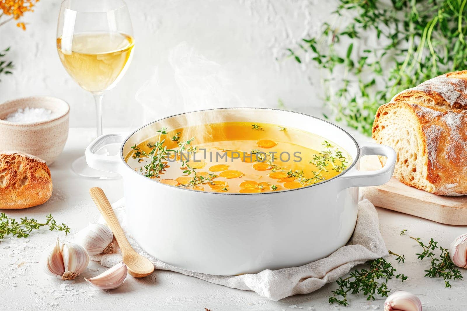 A large pot of steaming soup filled with colorful ingredients sits on a rustic table alongside a glass of white wine, slices of bread, and garlic, creating a cozy atmosphere.